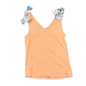 Tommy Hilfiger Womens Apricot Orange V-Neck Tank Top Floral Shoulder Bows Small